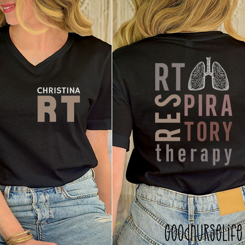 Personalized Name Respiratory Therapy Female V-Neck Two Sided T-Shirt
