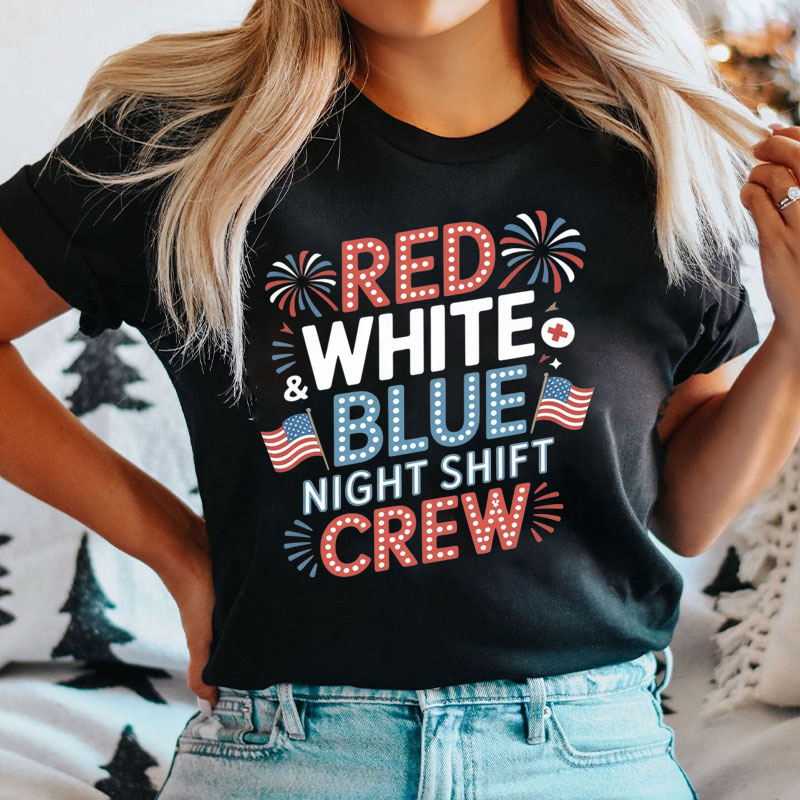Personalized Red & White Blue Night Shift Crew Nurse T-Shirt