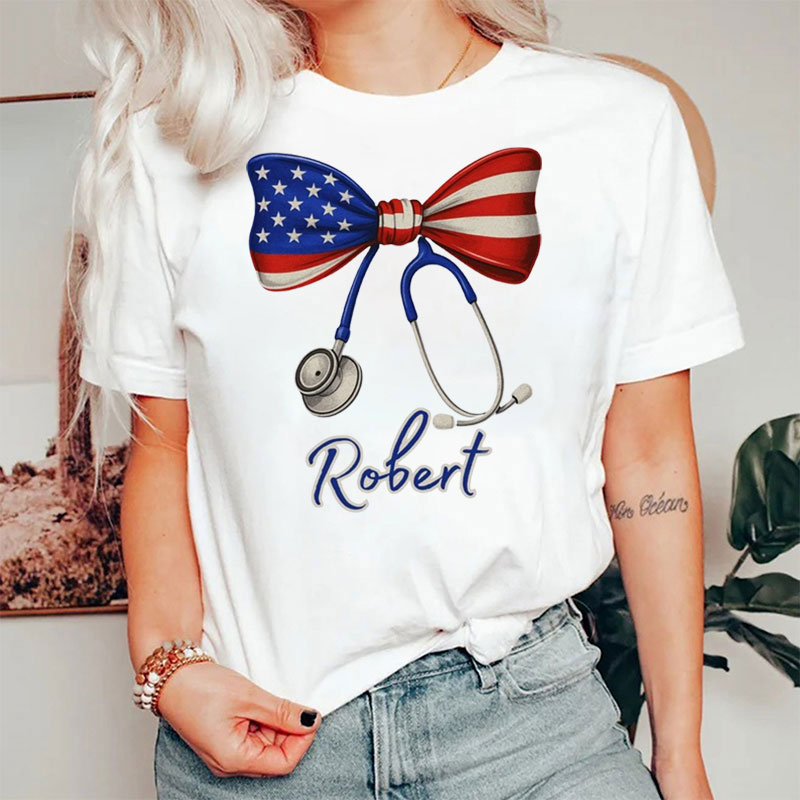 Personalized Toile Bow July 4th Nurse T-Shirt