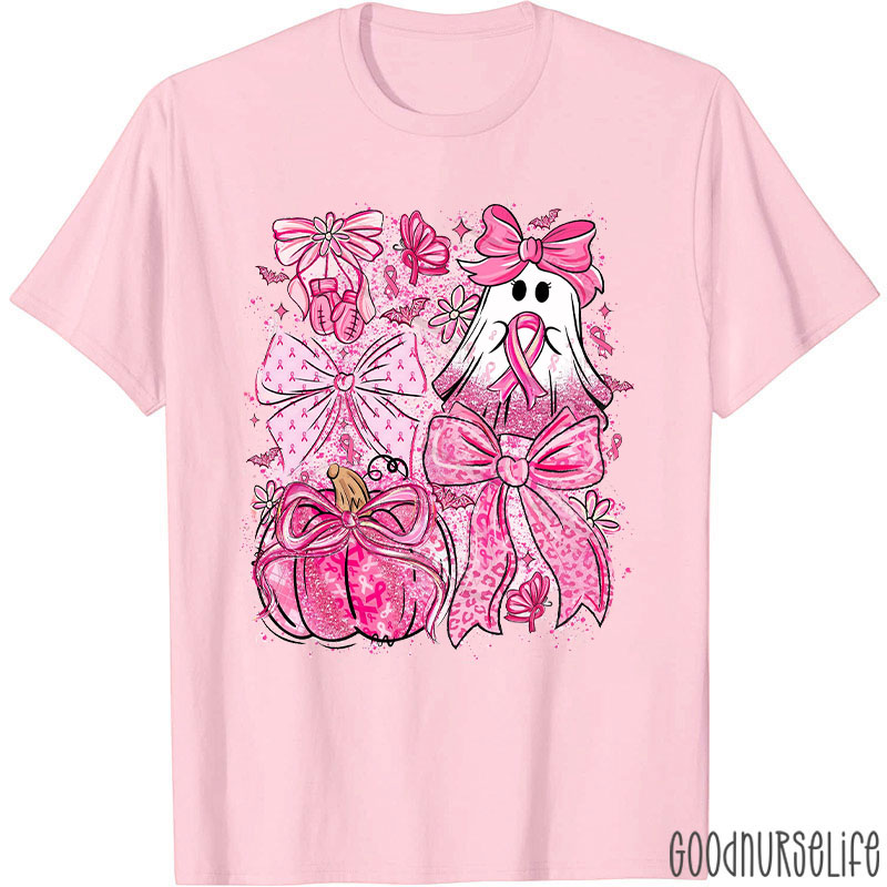 Ghosts And Pumpkins With Beautiful Bows For Breast Cancer Awareness Nurse T-Shirt