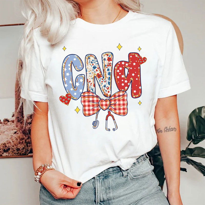 Personalized Red Plaid Bow Patriotic Nurse T-Shirt