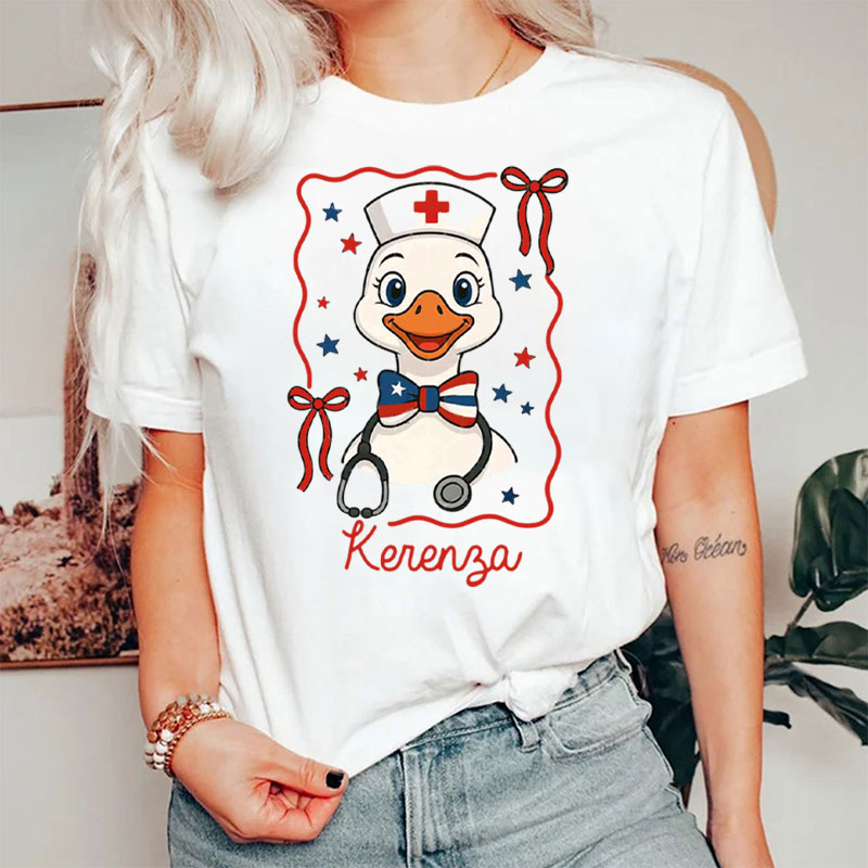 Personalized 4th Of July Goose America Coquette Bow Nurse T-Shirt