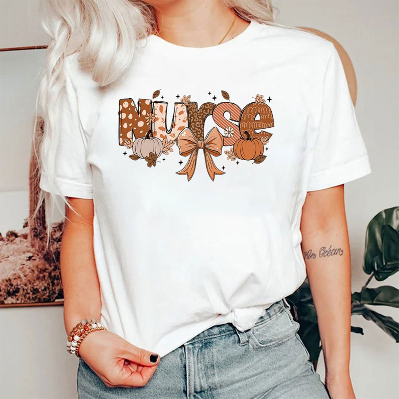 Fall Nurse Coquette Bow Pumpkins Nurse T-Shirt