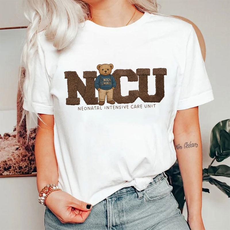 Vintage Bear Imitation Embroidery Print NICU Nurse T-shirt