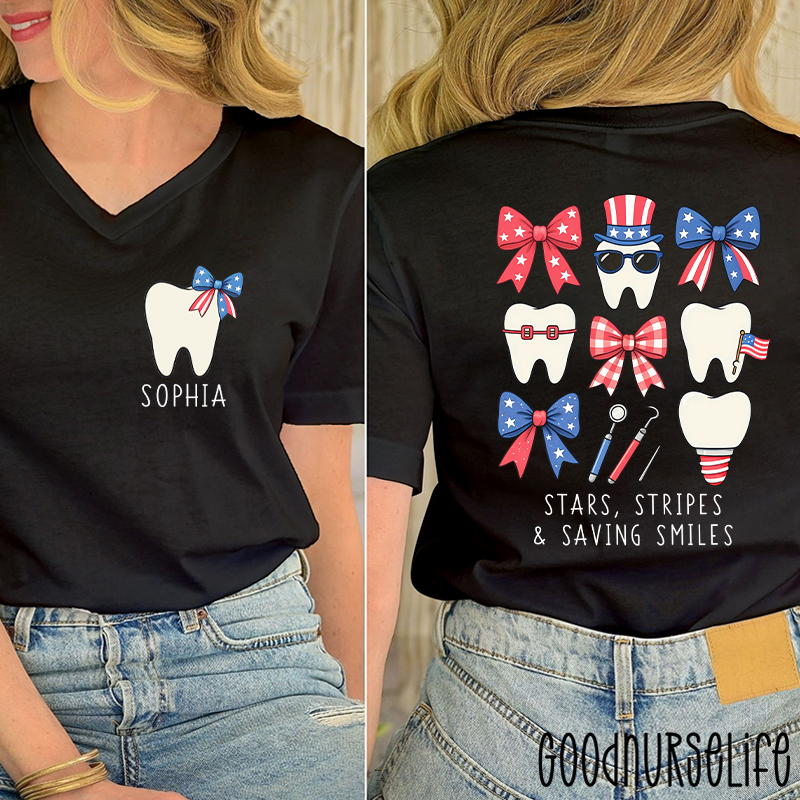 Personalized Stars Stripes & Saving Smiles Female V-Neck Two Sided T-Shirt