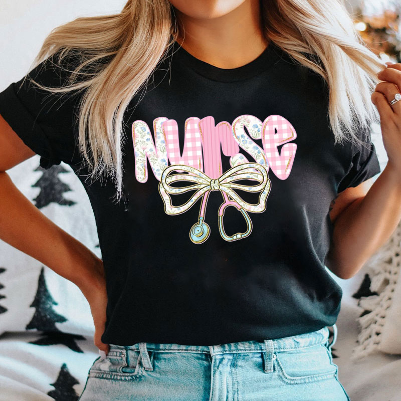 Personalized Floral Stethoscope Coquette Bow Nurse Life T-Shirt