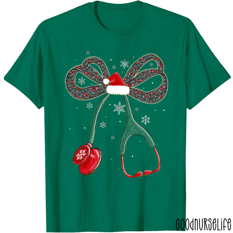 Festive Stethoscope With Santa Hat And Floral Bow Nurse T-Shirt