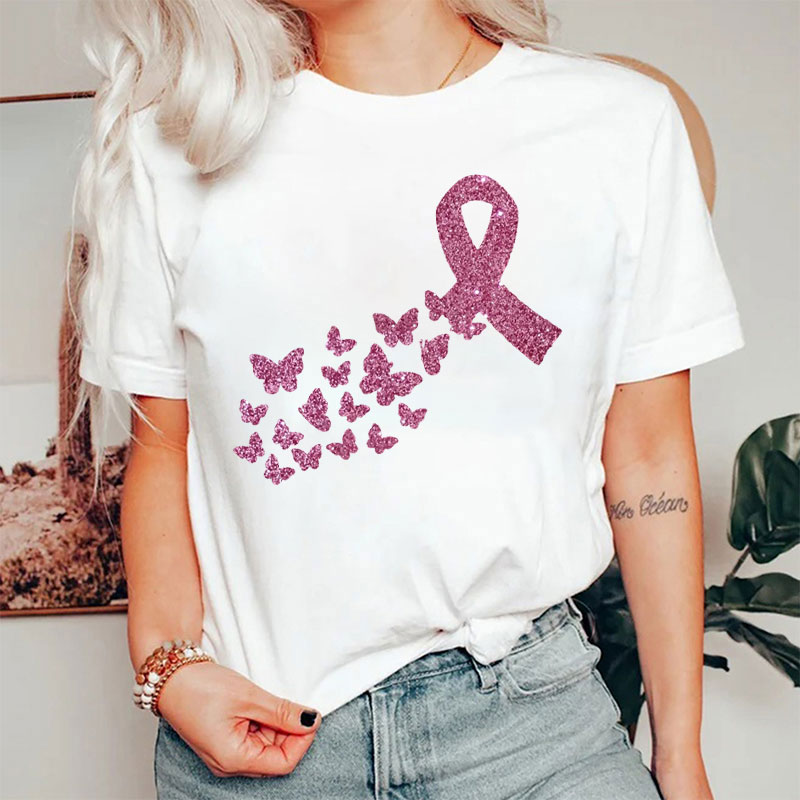 Glitter Pink Hope Cancer Ribbon And Butterflies Nurse T-Shirt