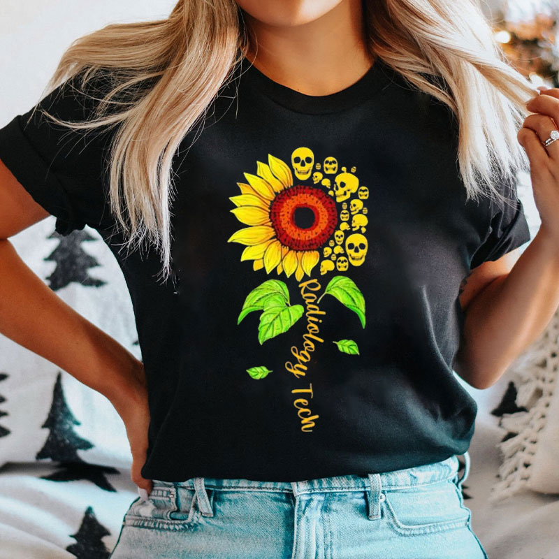 Radiology Tech Floral Sunflower Flower Skulls T-Shirt