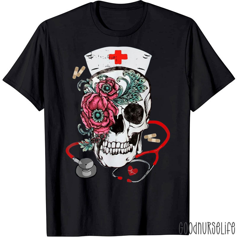 Halloween Rose Skull Nurse Radiology T-Shirt