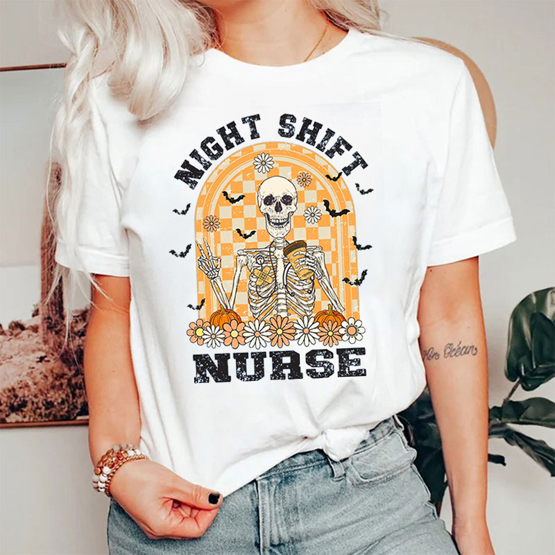 Retro Flower Skeleton Night Shift Nurse T-Shirt