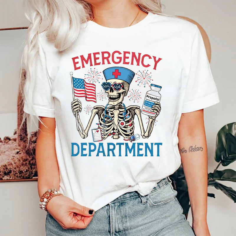 Skeleton Emergency Department Nurse 4th Of July T-Shirt