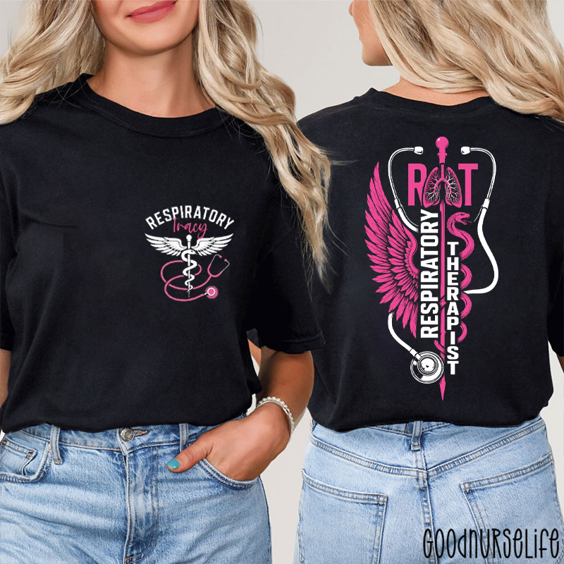 Personalized Name Respiratory Stethoscope Pink Ribbon Nurse Two Sided T-Shirt
