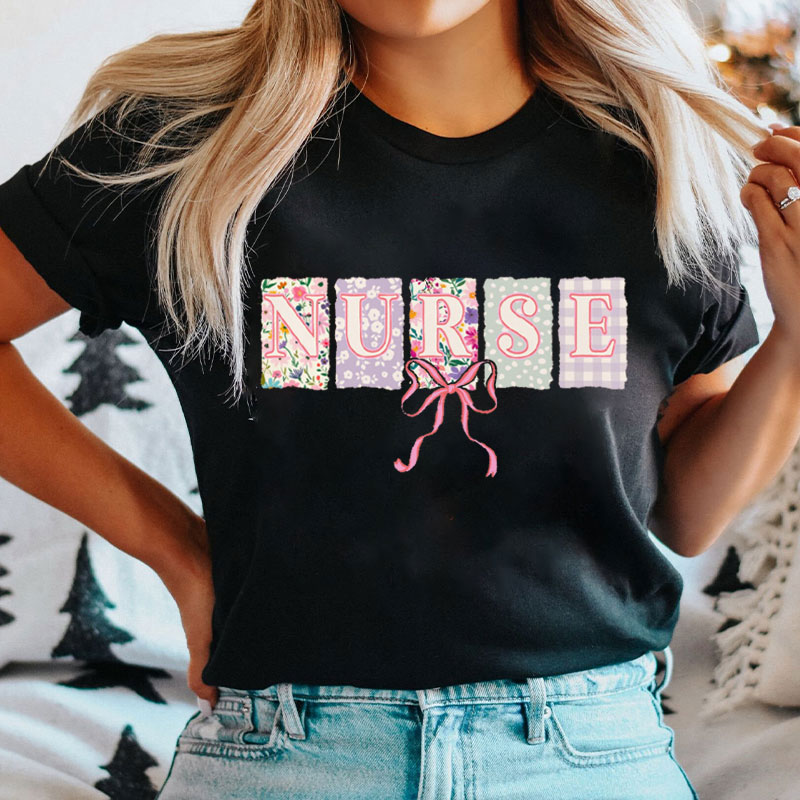 Personalized Floral Coquette Bow Nurse T-Shirt