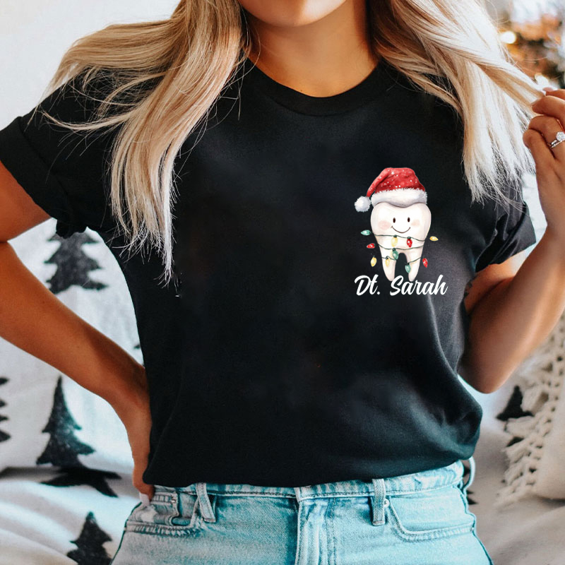 Personalized Name Cute Tooth With Christmas Lights T-Shirt