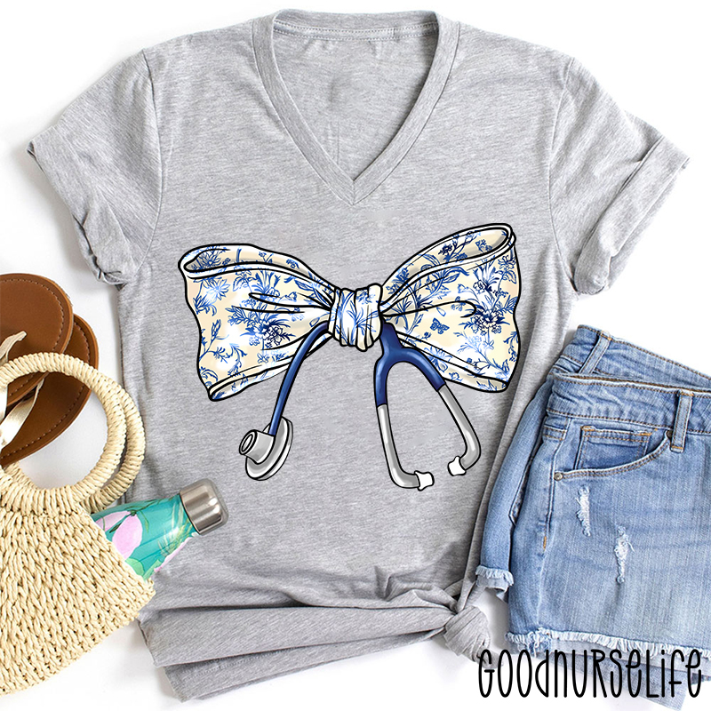 Stethoscope Bow Nurse Female V-Neck T-Shirt