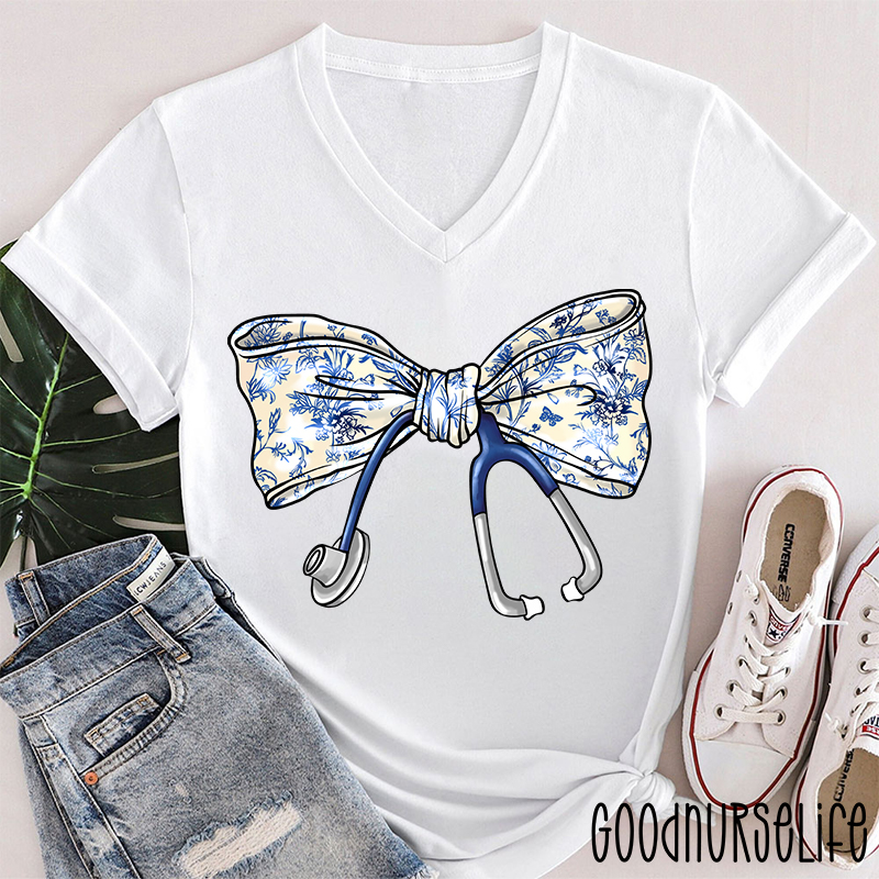 Stethoscope Bow Nurse Female V-Neck T-Shirt