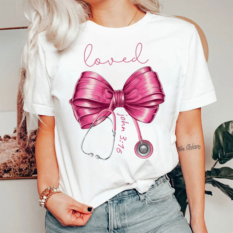 Pink Bow Tie Stethoscope Loved T-shirt