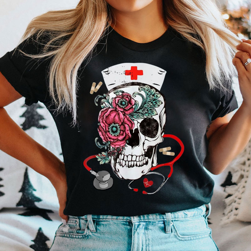 Halloween Rose Skull Nurse Radiology T-Shirt