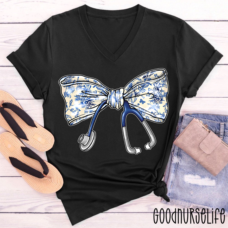 Stethoscope Bow Nurse Female V-Neck T-Shirt