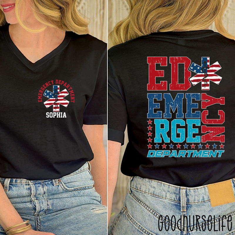 Personalized Emergency Department ED Nurse Female V-Neck Two Sided T-Shirt