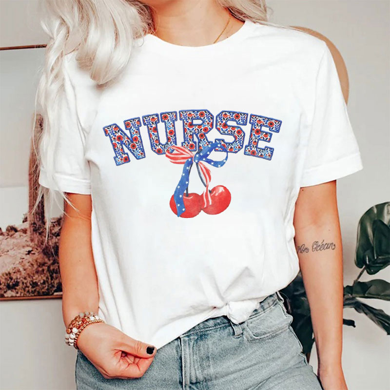 Flag Cherry Bow Tie Nurse T-Shirt