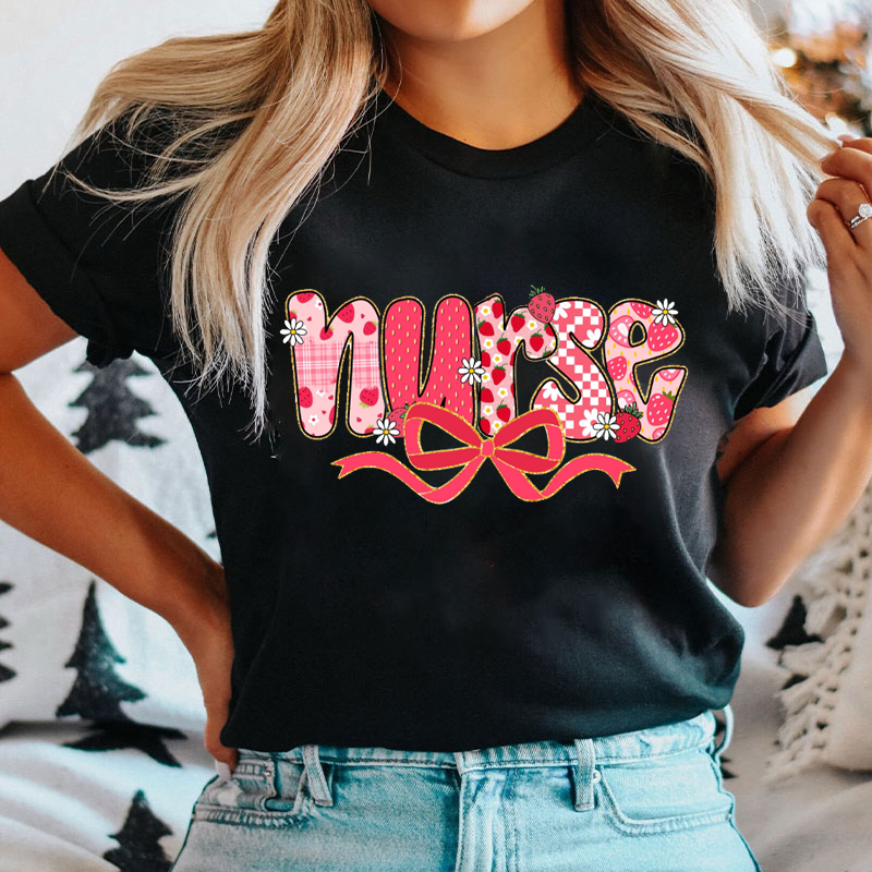 Personalized Strawberry Glitter Coquette Bow Nurse T-Shirt