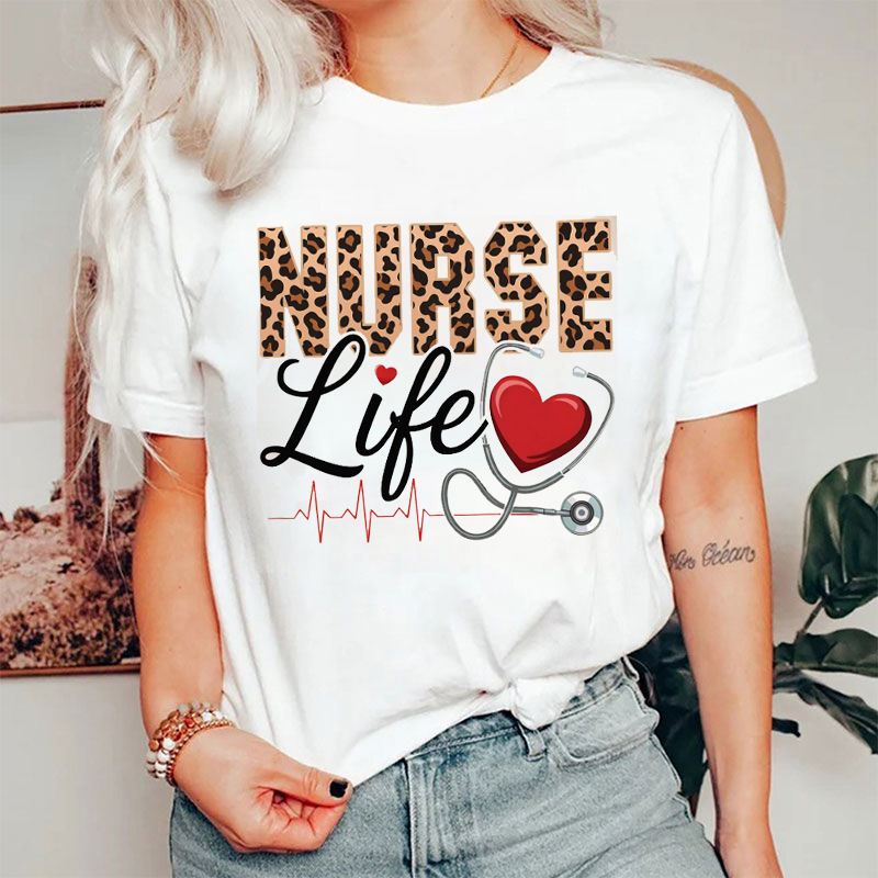 Personalized Leopard Heartbeat Heart Nurse T-Shirt