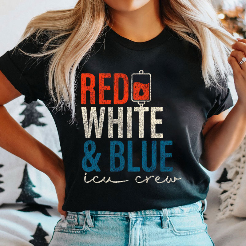 Personalized Red White & Blue ICU Crew Nurse T-Shirt