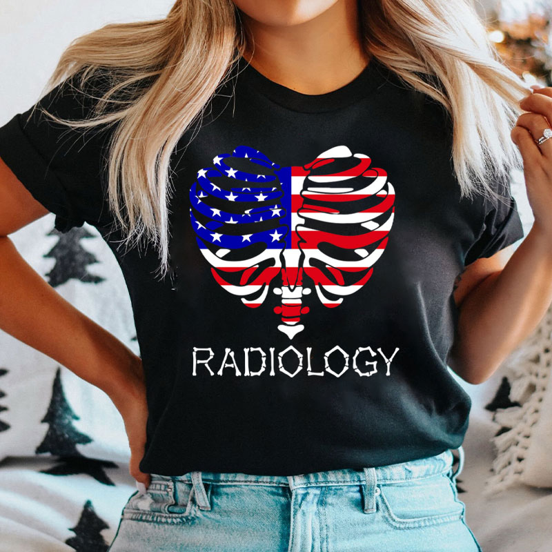 Radiology 4th Of July Skeleton American Flag T-Shirt
