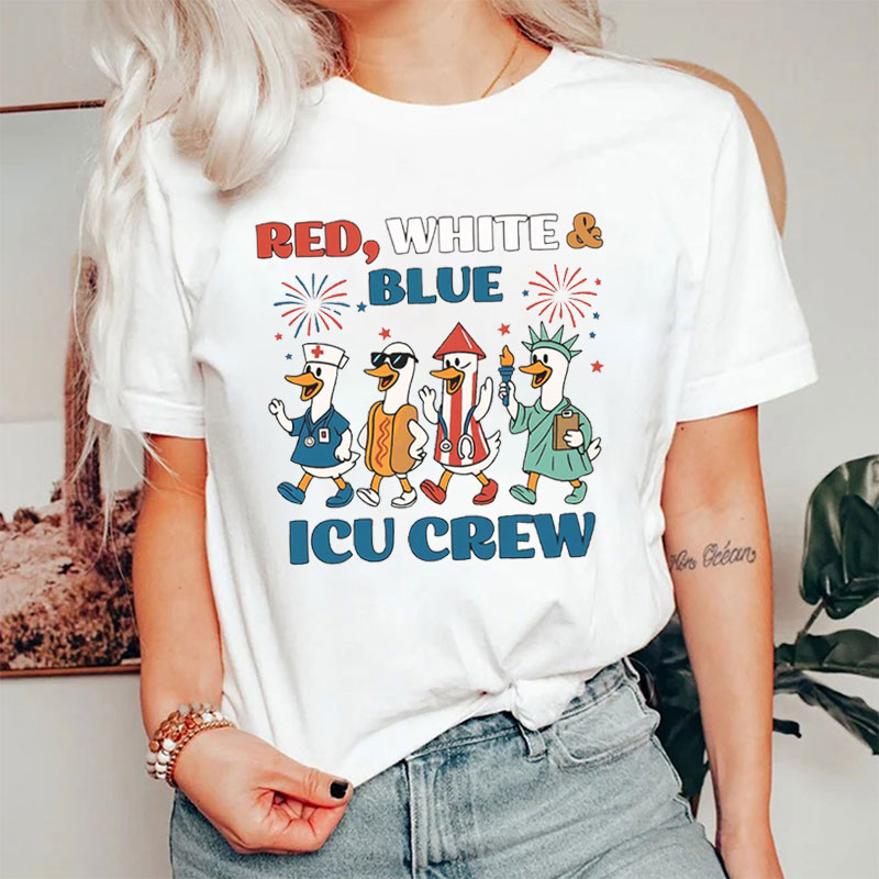 Personalized Cute Duck Red White And Blue Crew Nurse T-Shirt