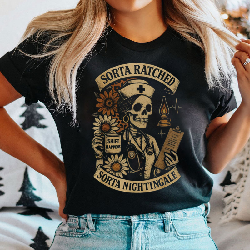 Retro Skeleton Sorta Ratched Sorta Nightingale Nurse T-Shirt