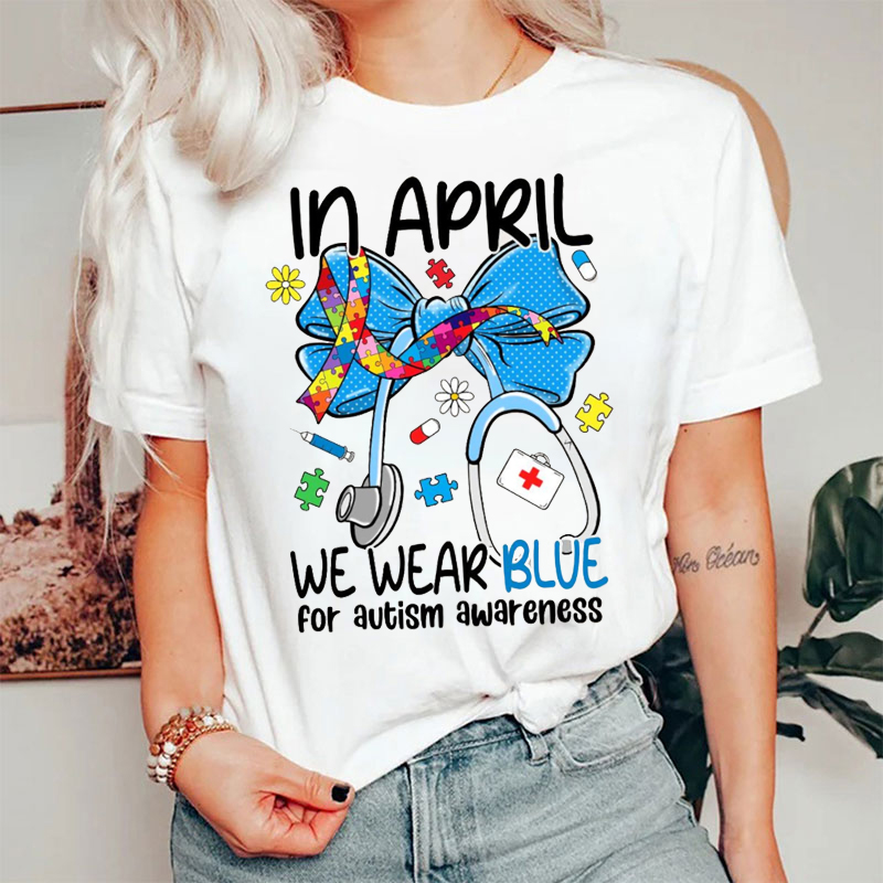 In April We Wear Blue For Autism Awareness Blue Bow Tie T-shirt