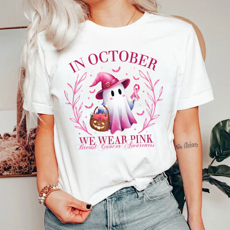 In October We Wear Pink Breast Cancer Awareness Cute Ghost Nurse T-Shirt
