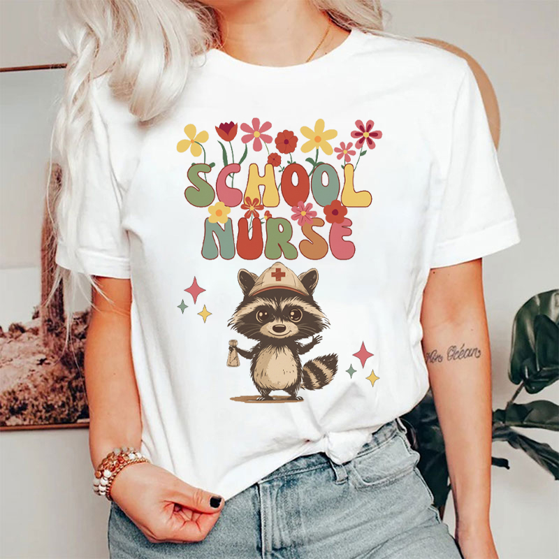 Floral Raccoon Flower School Nurse T-shirt