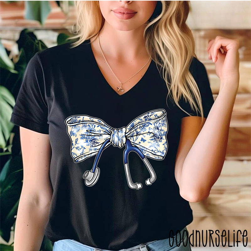 Stethoscope Bow Nurse Female V-Neck T-Shirt