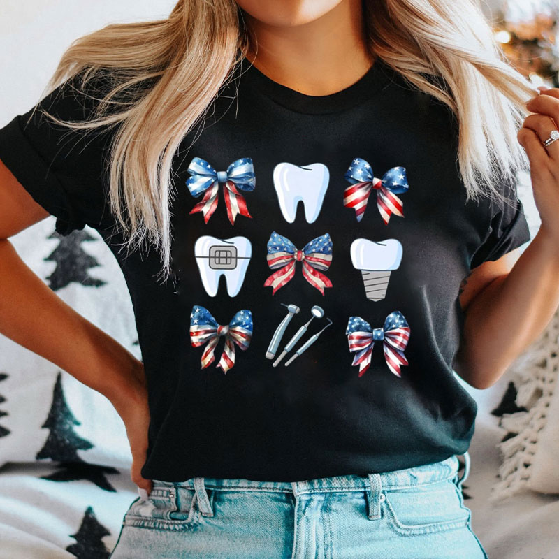 Cute Coquette Bows Teeth Dentist 4th Of July Patriotic T-Shirt