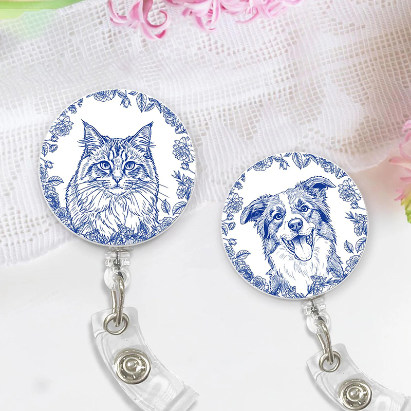 Personalized Toile De Jouy Dog Cat Nurse Badge Reel