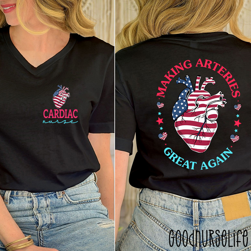 Making Arteries Great Again Cardiac Nurse Female V-Neck Two Sided T-Shirt