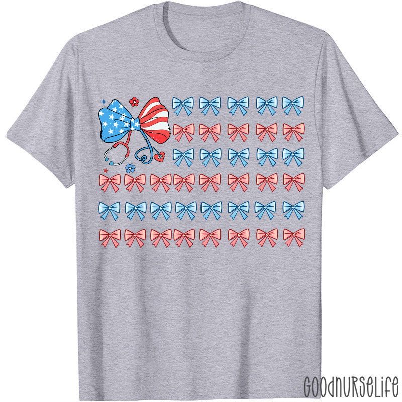 American Flag Patriotic 4th Of July Coquette Bow Nurse T-Shirt