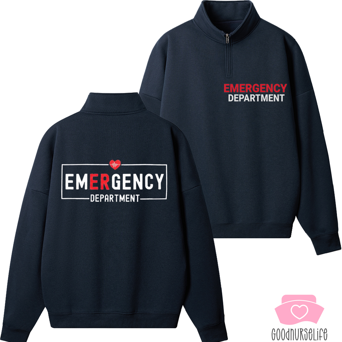 Emergency Department Double Sided ER Nurse Embroidered Quarter Zip Sweatshirt