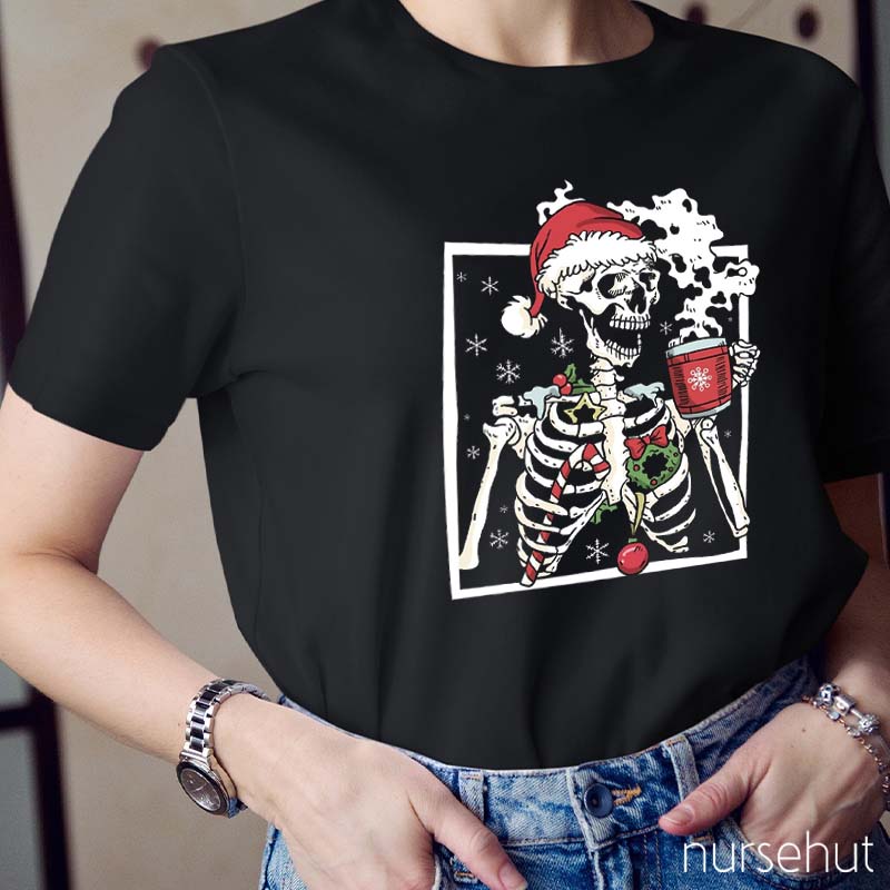 Skeleton With Smiling Skull Drinking Coffee Latte Nurse T-Shirt