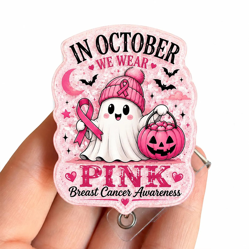 In October We Wear Pink Cute Ghost Pumpkin Halloween Glitter Acrylic Badge Reel