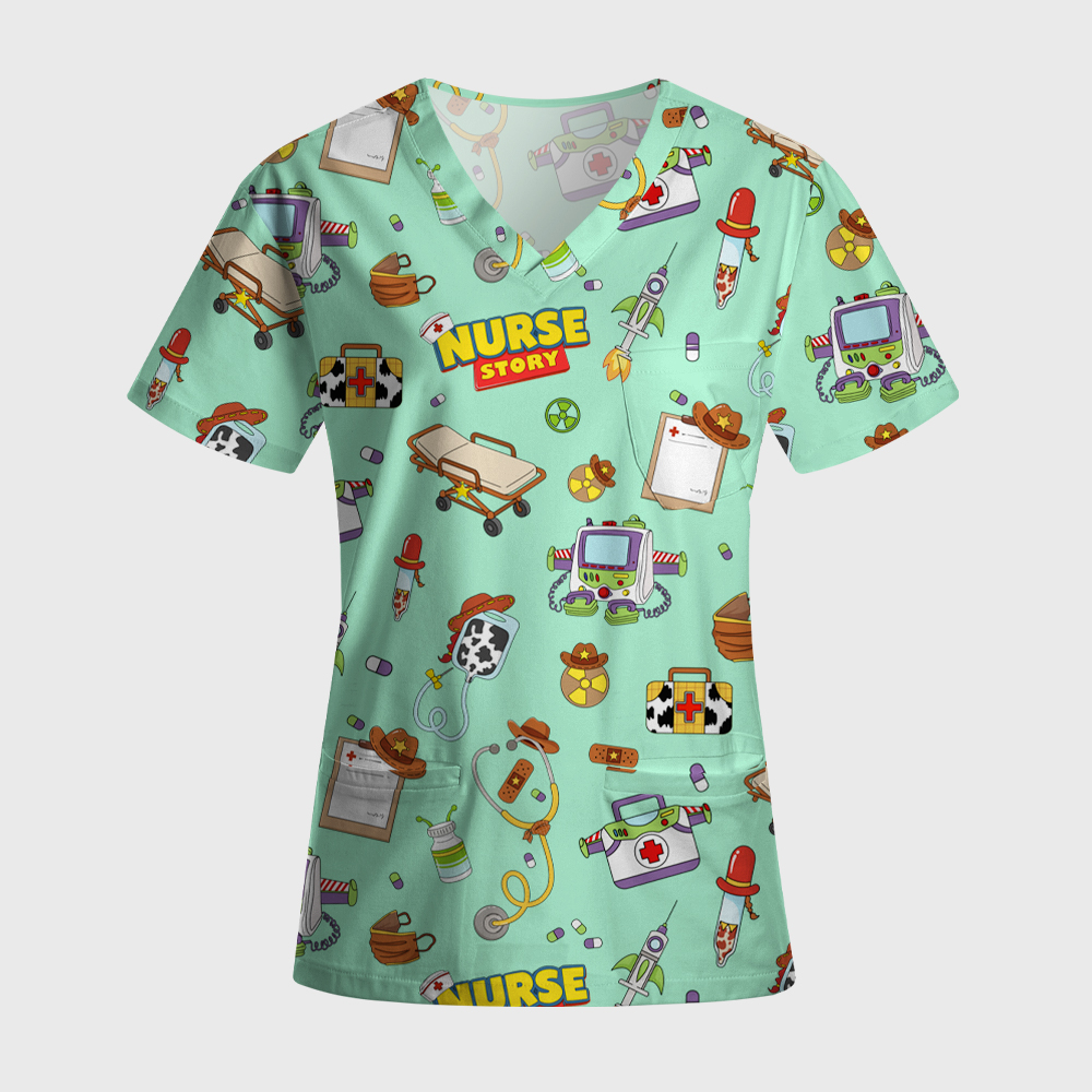 Cartoon Medical Equipment Print Nurse Scrub Set