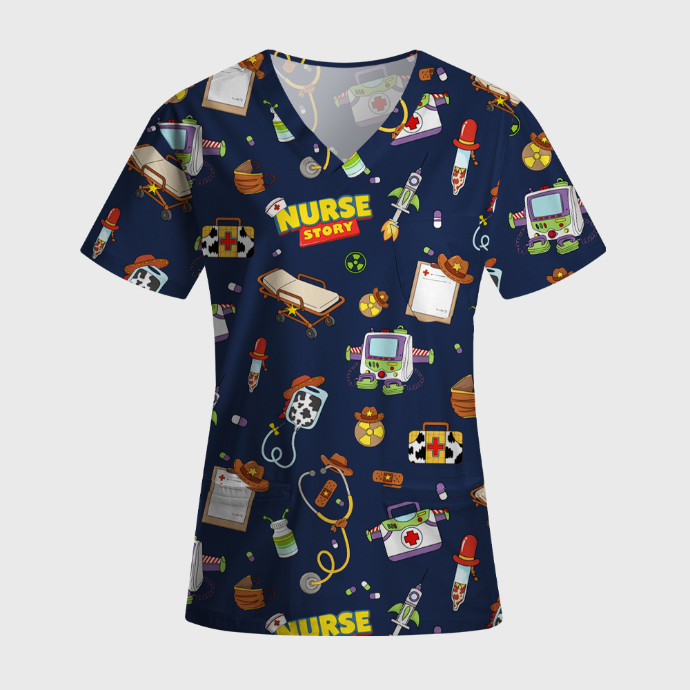 Cartoon Medical Equipment Print Nurse Scrub Set
