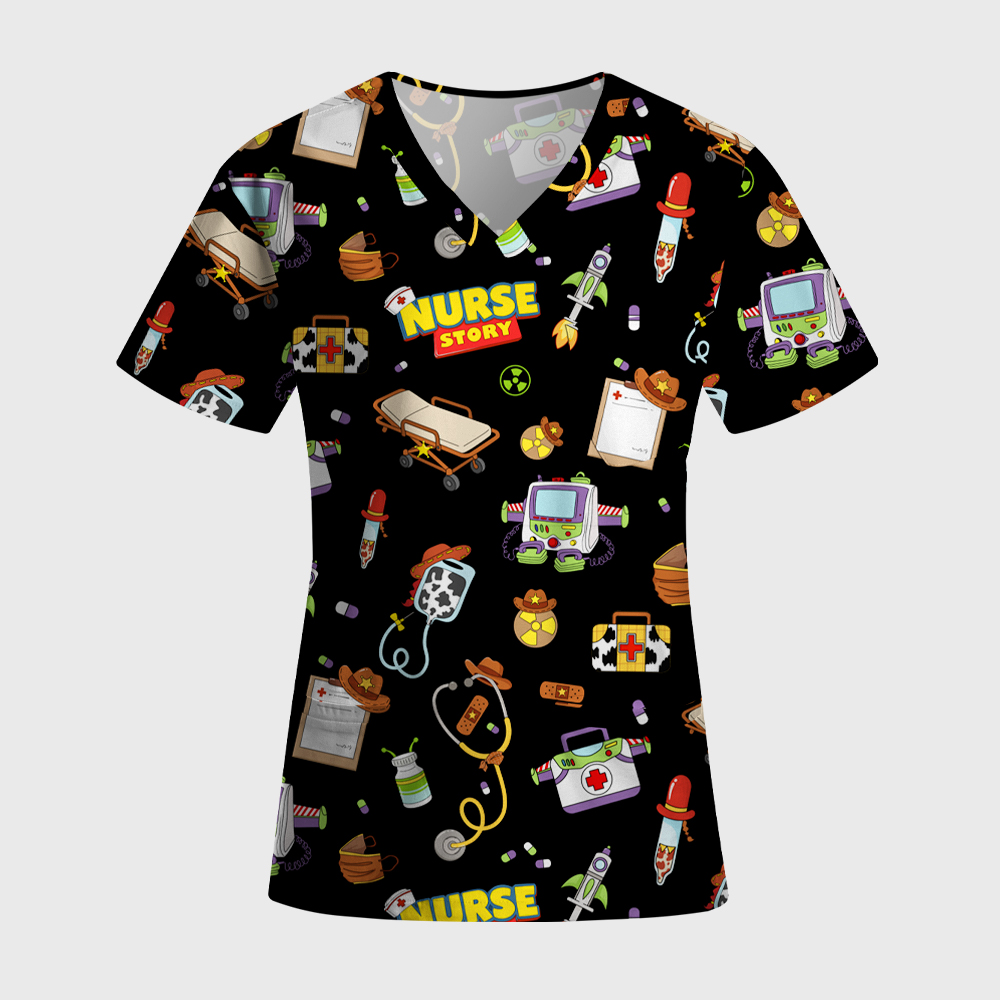 Cartoon Medical Equipment Print Nurse Scrub Set