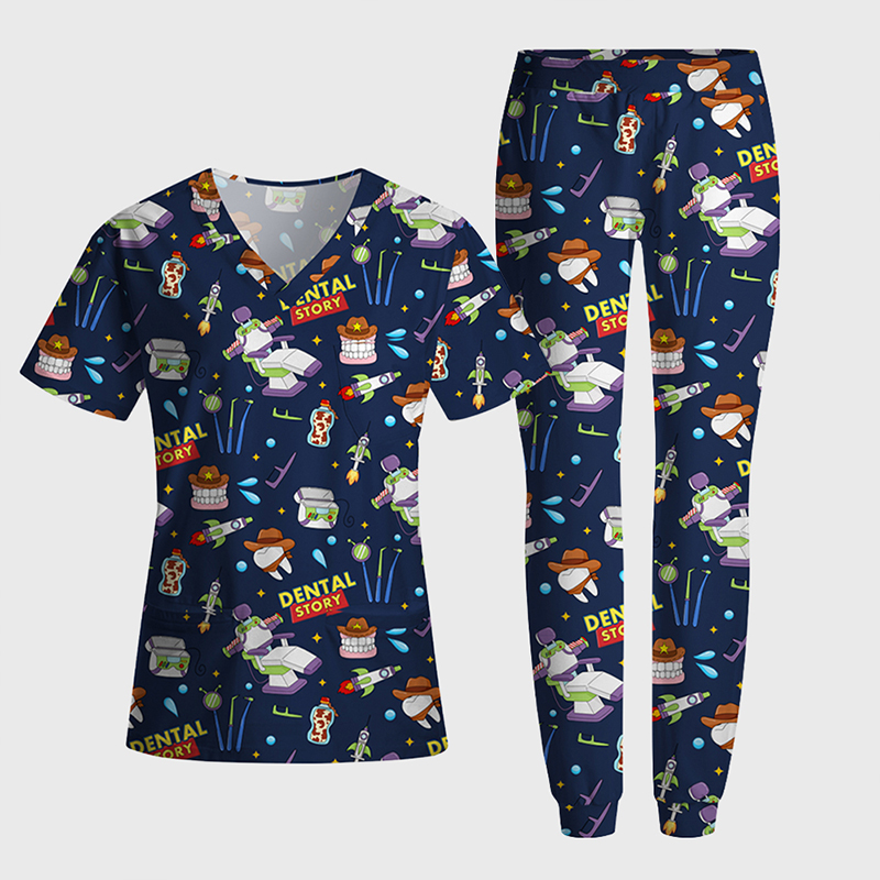 Dental Story All‑Over Print Medical Nurse Antimicrobial Scrubs Sets