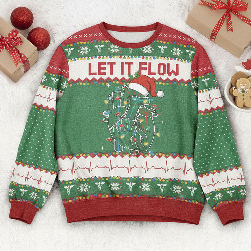 Let It Flow Cardiac Christmas Vibe Ugly Fluffy Christmas Sweater