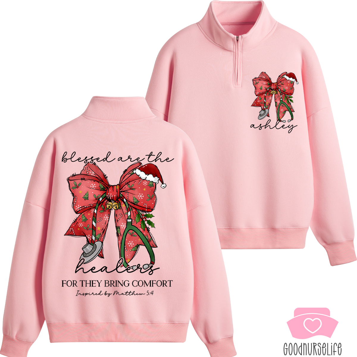 Personalized Christmas Coquette Bow Nurse Quarter Zip Sweatshirt
