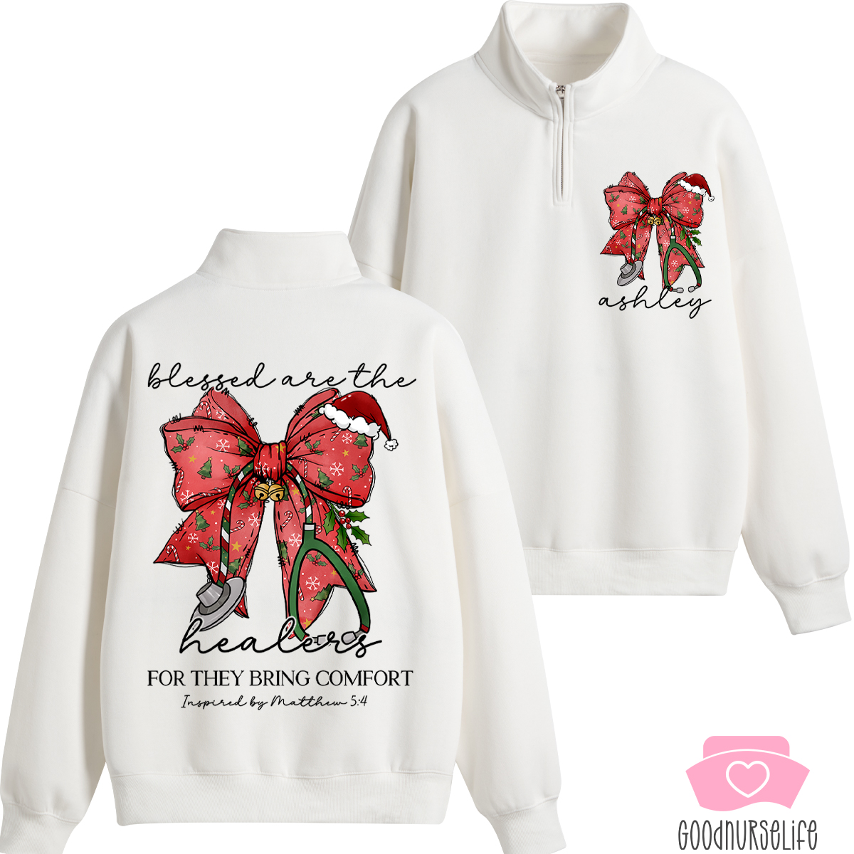 Personalized Christmas Coquette Bow Nurse Quarter Zip Sweatshirt
